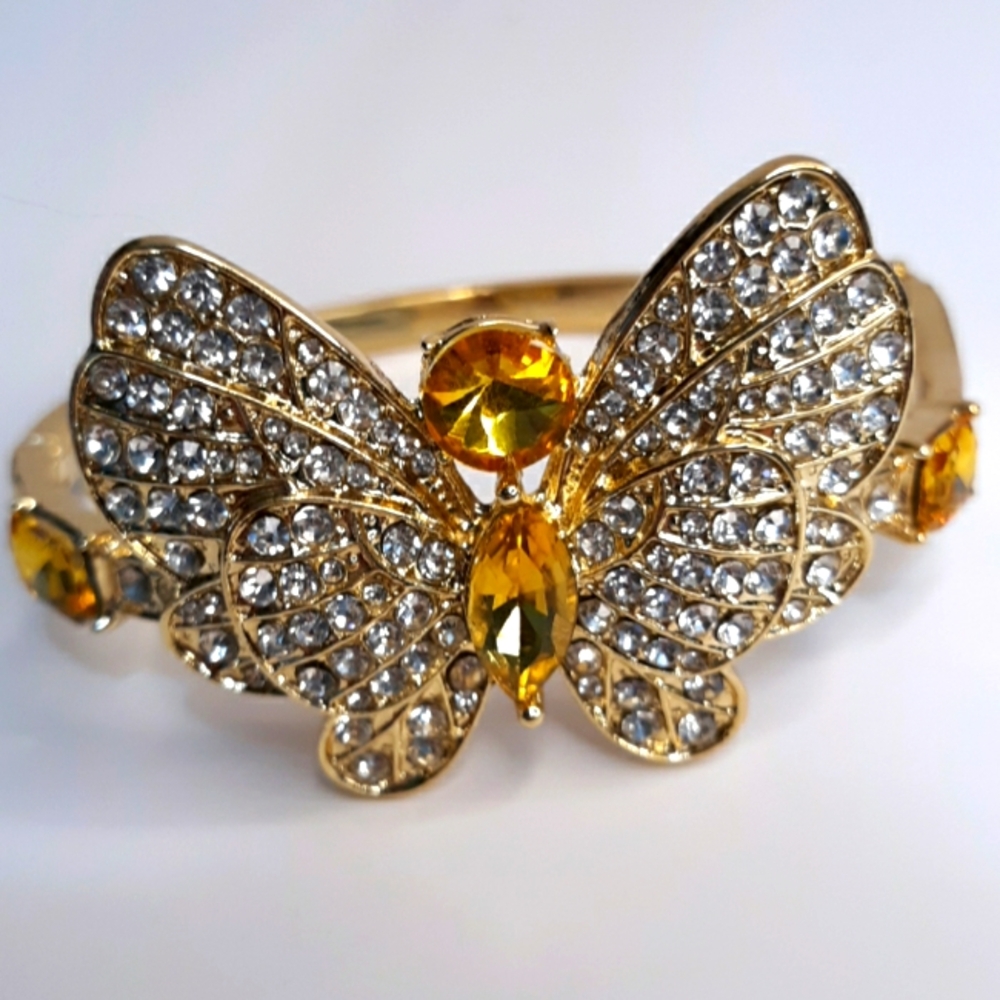 Bracelet Butterfly Yellow Glass Austrian Crystal Gold Tone Bracelet 7" W…